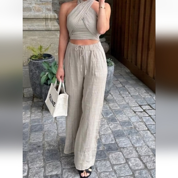 ZARA HALTER TOP SMOCKED BACK THICK STRAPS LINEN DARK BEIGE CROOPED TOP LARGE - Picture 15 of 16